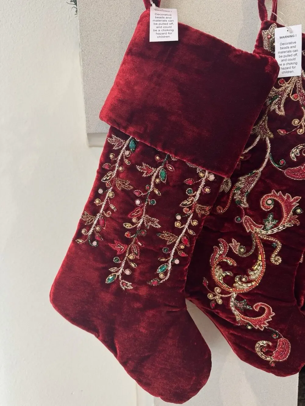 Neiman Marcus Spiritual Christmas Magnolia scroll drop stocking red velvet $165